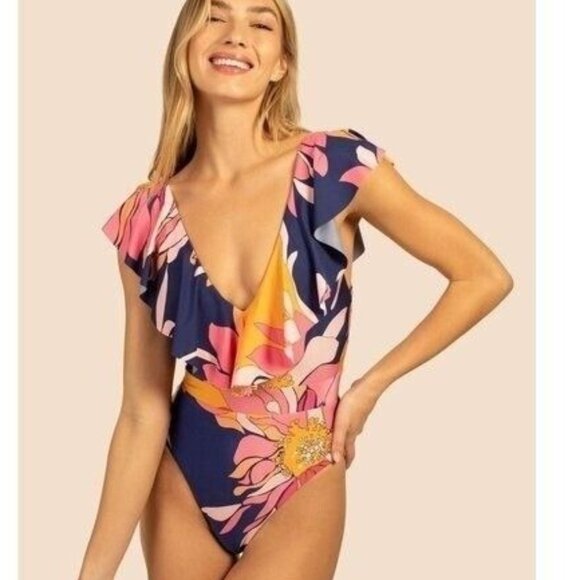 Trina Turk  One Piece Swimsuit 14 Breeze Ruffle V-Neck Plunge Tropical NEW - Picture 1 of 9